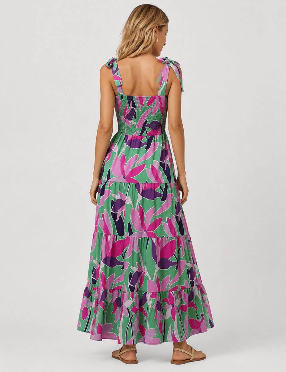 Ladies Abstract Print Smocked Tie Strap Square Neck Midi Dress