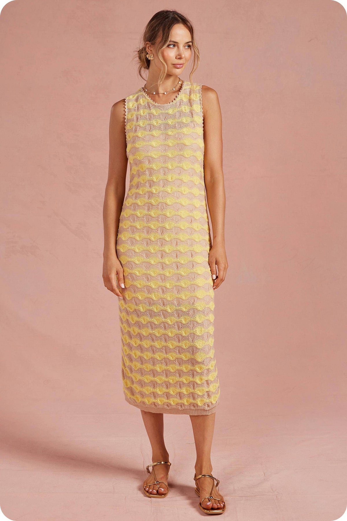 Scalloped Wavy Stripe Knit Sleeveless Midi Dress