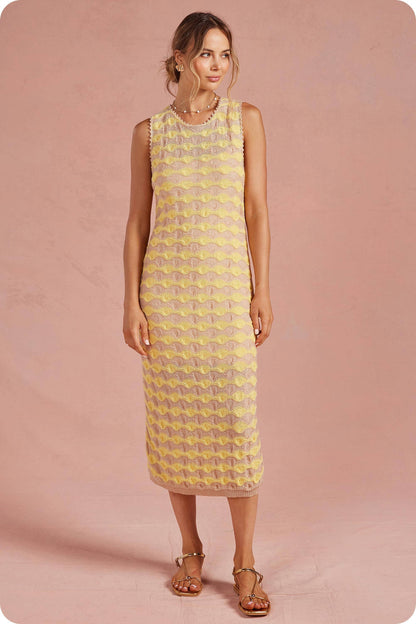Scalloped Wavy Stripe Knit Sleeveless Midi Dress