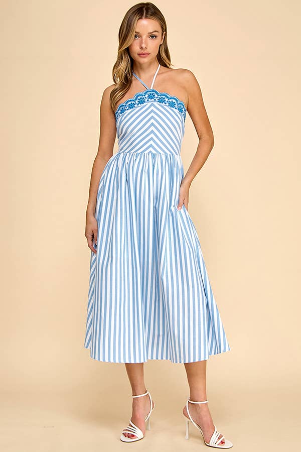 Scalloped halter neckline midi dress with embroidery detail