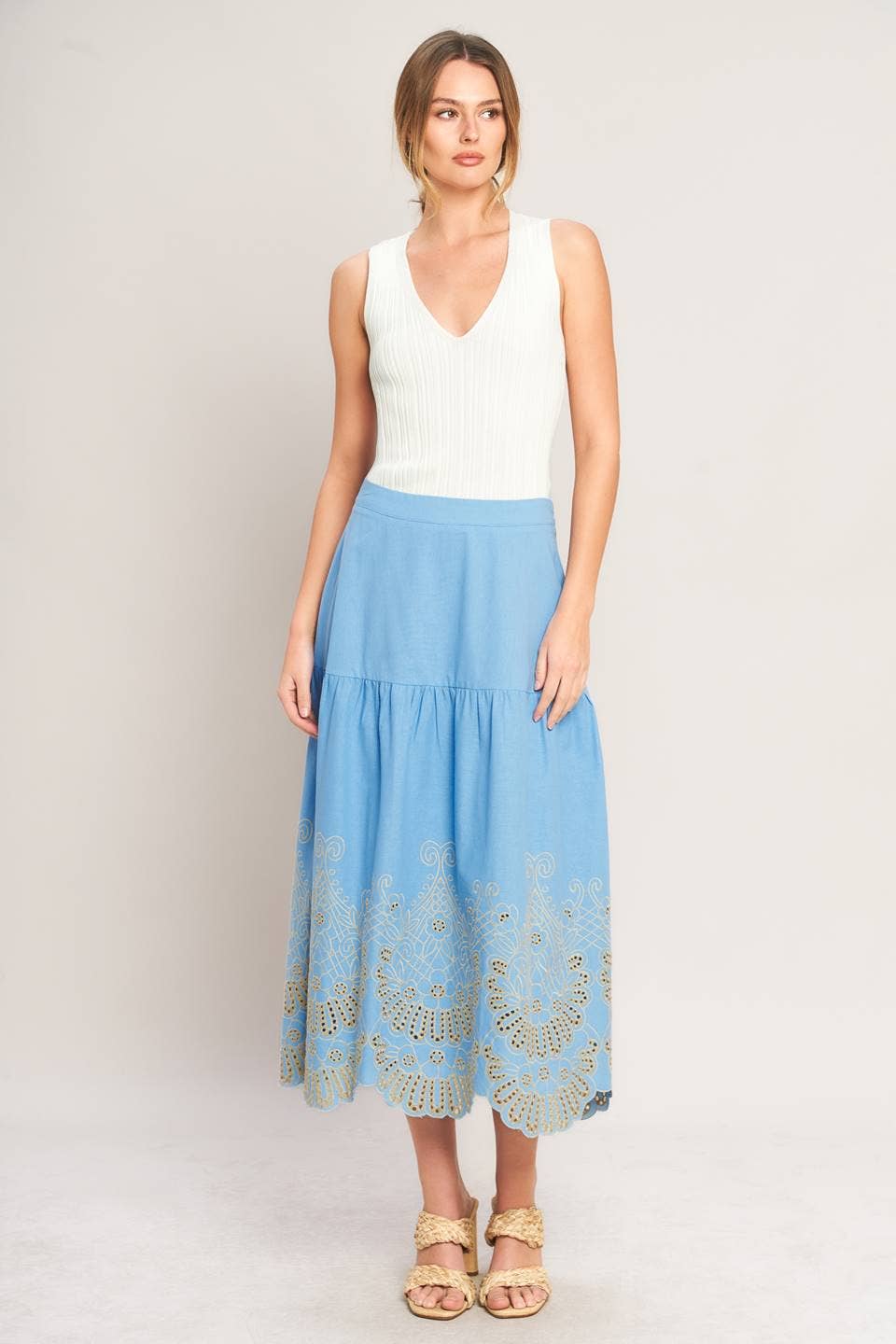 solid woven eyelet midi skirt - IK7763T